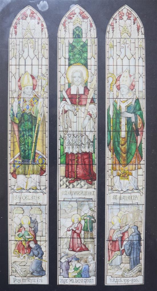 Five assorted stained glass window designs, largest 39 x 25cm